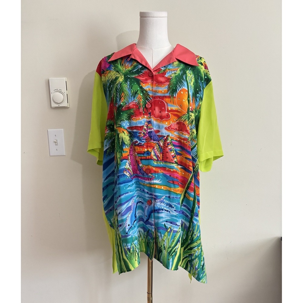 Vintage Diane Gilman Plus Size 1X 100% Silk Top Colorful Beach Dolphin Neon 90s